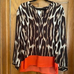 Chico’s Size 2 Animal Print Blouse w/Orange Color Block.